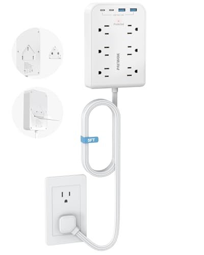 PAEWOK Surge Protector Power Strip, Flat Plug Extension Cord with Multiple Outlets, 6 AC, 4 USB (2 USB C), 5FT Outlet Extender Stick, Home Office Dorm Room Essentials, White - Image 1