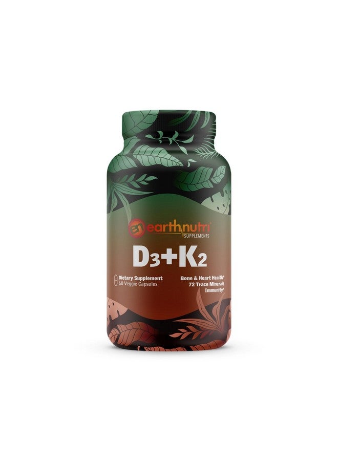 EarthNutri D3 + K2 + 72 Trace Minerals, Immune, Bone & Heart Health with Vitamin D3 from Vitashine, Natural K2 from MENA Q7, Calcium from Aquamin - 60 Veg Capsules - Image 1