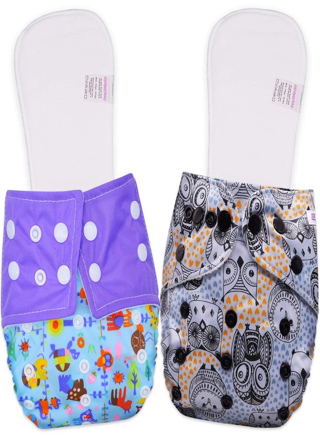 Bembika Cloth Diapers for Babies, Washable Reusable, Adjustable Sizes (2 Combo) (2 Dry Feel Inserts Included) (Animal Doodle + Grey Owl) - Image 1