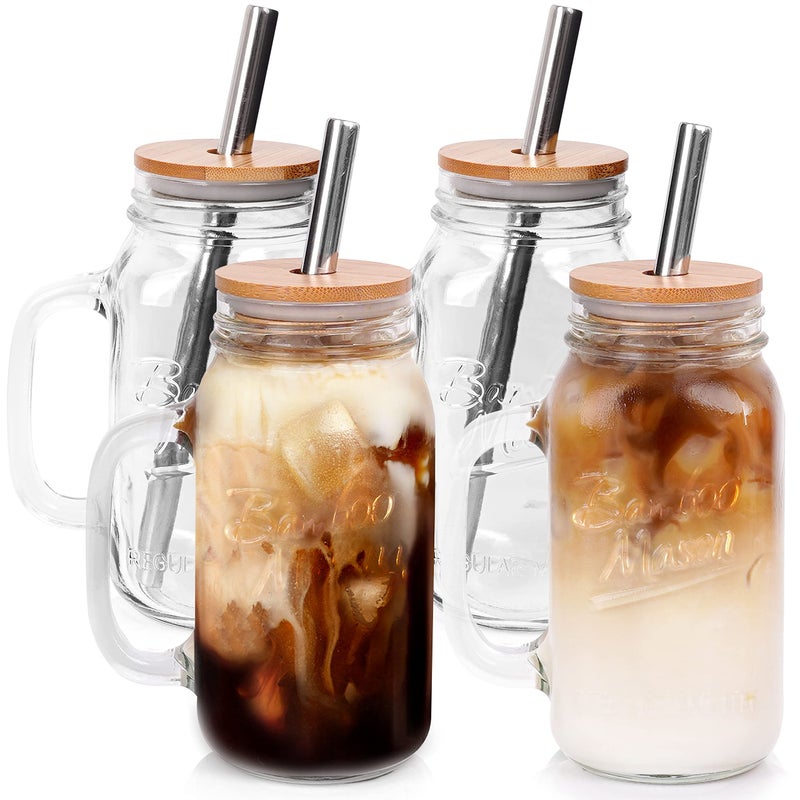 Anotion Mason Jar with Lid and Straw, 24oz Regular Mouth Mason Jars with Handle Drinking Glasses Tumbler Reusable Cups Smoothie Water Bottles for Iced Coffee Margaritas Juice Cocktail Travel Office Home - Image 1