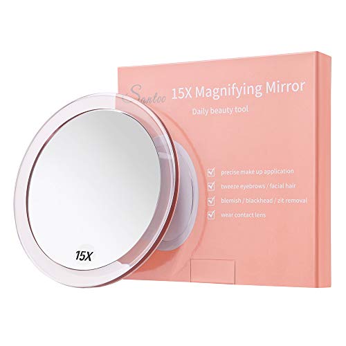 Santoo 15X Magnifying Mirror - with 3 Mounting Suction Cups - Used for Precise Makeup - Eyebrows/Tweezing - Blackhead/Blemish Removal - Bathroom/Travel Makeup Mirror - 6 Inch Round (Rose Gold) - Image 1