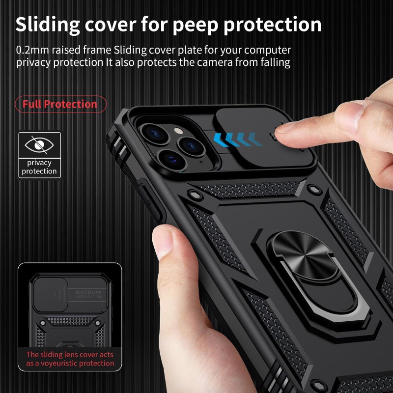 Weycolor for iPhone 11 Pro Max Case with Camera Lens Cover, HD Screen Protector, 10 FT Military Grade Drop Protection, Magnetic Ring Holder Kickstand Protective Phone Case for iPhone 11 Pro Max, Black - Image 3