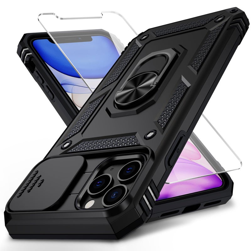 Weycolor for iPhone 11 Pro Max Case with Camera Lens Cover, HD Screen Protector, 10 FT Military Grade Drop Protection, Magnetic Ring Holder Kickstand Protective Phone Case for iPhone 11 Pro Max, Black - Image 1