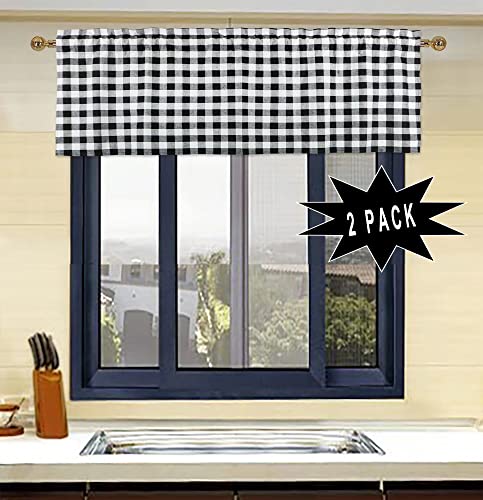 Deztibos Buffalo Black and White Check Kitchen Window Valance 2 Pack Half Short Gingham Plaid Farmhouse Textured Short Window Drape Panel Home Decor Curtain Valance
