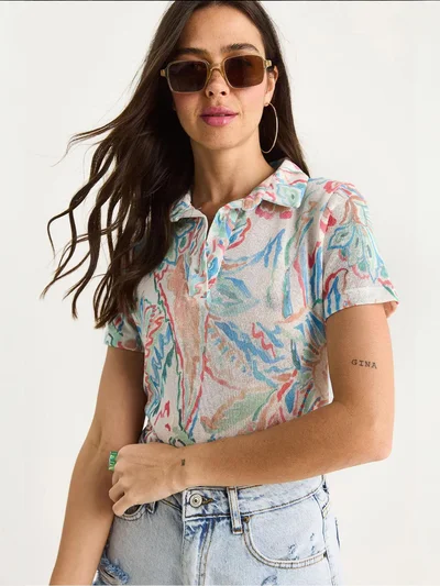 Bianco Lucci LUCCI Flowery Polo Shirt Blouse