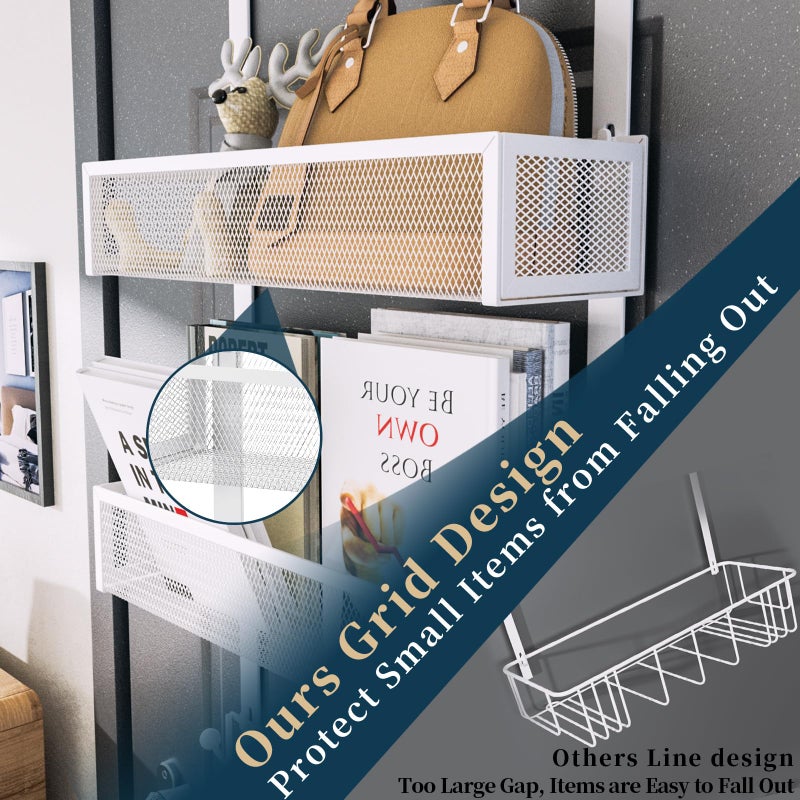 Consumest Over The Door Organizer Hooks, Door Hanger with 9 Coat Hooks & 2 Mesh Basket, Rustproof Back Storage Organizer for Bathroom, Kitchen, Bedroom-White (for 1.76in Doors) - Image 3