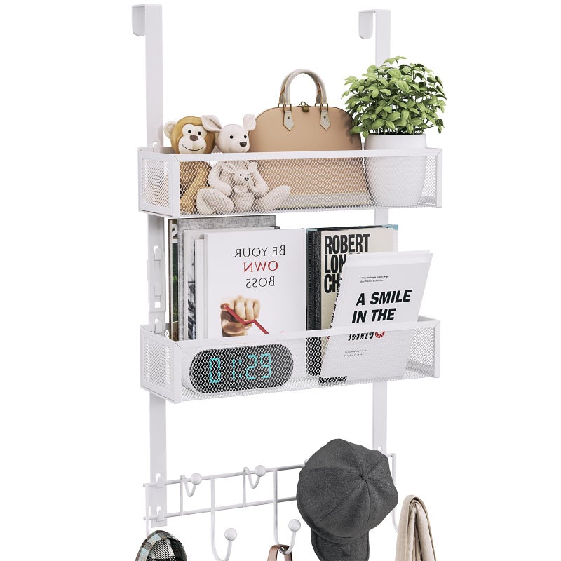 Consumest Over The Door Organizer Hooks, Door Hanger with 9 Coat Hooks & 2 Mesh Basket, Rustproof Back Storage Organizer for Bathroom, Kitchen, Bedroom-White (for 1.76in Doors) - Image 1