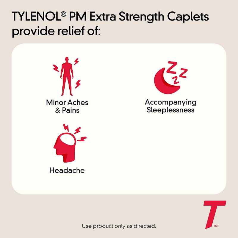 Tylenol تايلينول بي إم مسكن ألم ليلي قوي 500 ملغ أسيتامينوفين 25 ملغ ديفينهيدرامين هيدروكلوريد 50 حبة - Image 2
