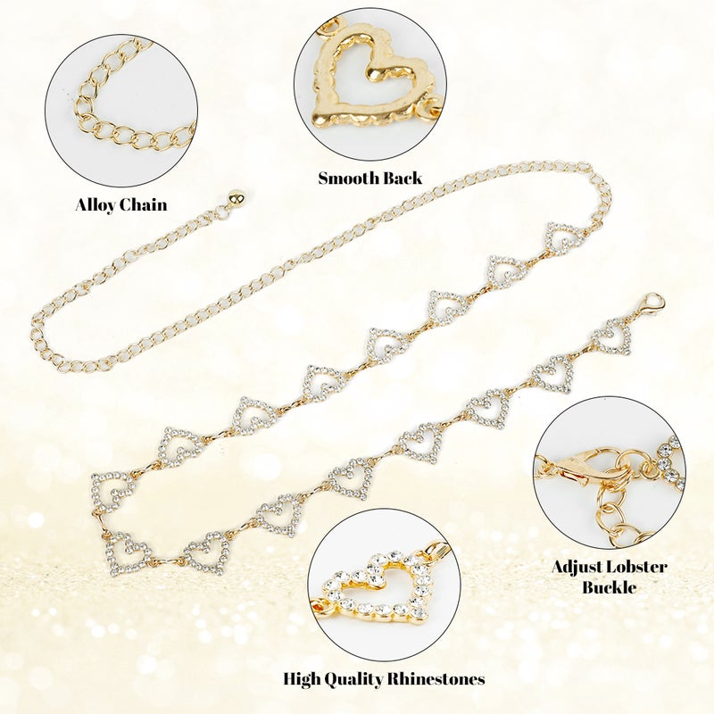 HANNEA® Waist Chains for Women Gold Rhinestone Hearts Waist Belts Adjustable Chain Belt for Women Dresses, Jeans, Skirts, Beach Outfits - Image 3