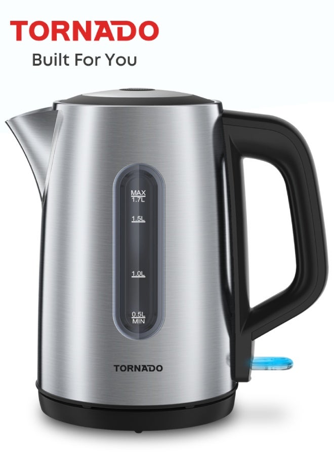 TORNADO 1.7L Stainless Steel Electric Kettle, 2200W Power, 360° Rotational Base, Strix Controller, Water Level Indicator, Auto Shut-Off, Boil-Dry Protection, Silver - 1-Year Free Warranty - Image 1