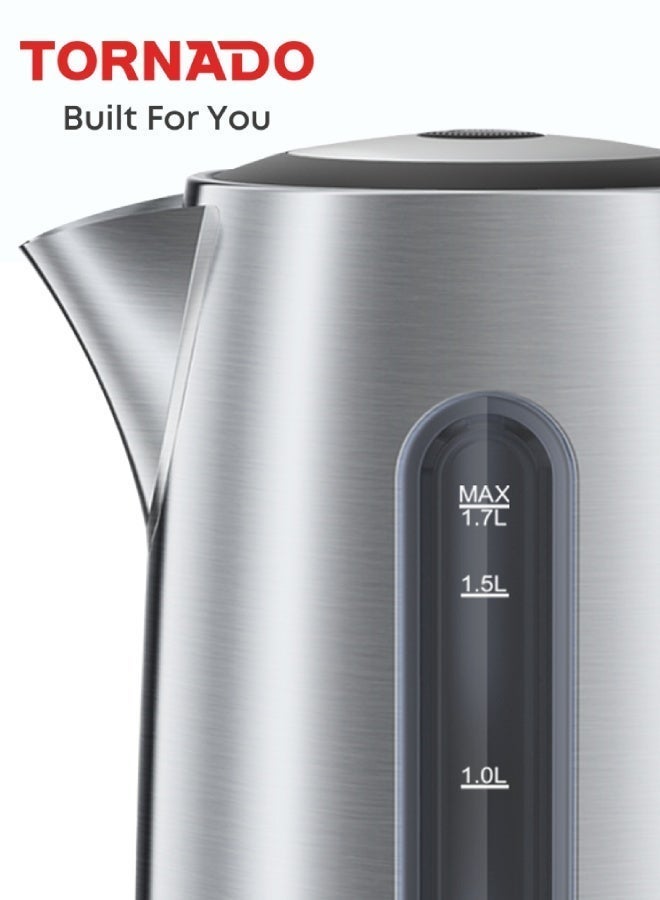 TORNADO 1.7L Stainless Steel Electric Kettle, 2200W Power, 360° Rotational Base, Strix Controller, Water Level Indicator, Auto Shut-Off, Boil-Dry Protection, Silver - 1-Year Free Warranty - Image 3