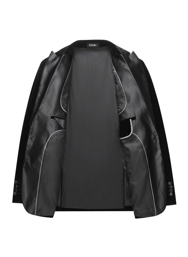 KUDORO Mens Velvet Blazer Slim Fit Tuxedo Suits Jacket Shawl Collar Solid Jacket Wedding Dinner Prom One Button Blazer Jacket, Black, L - Image 3