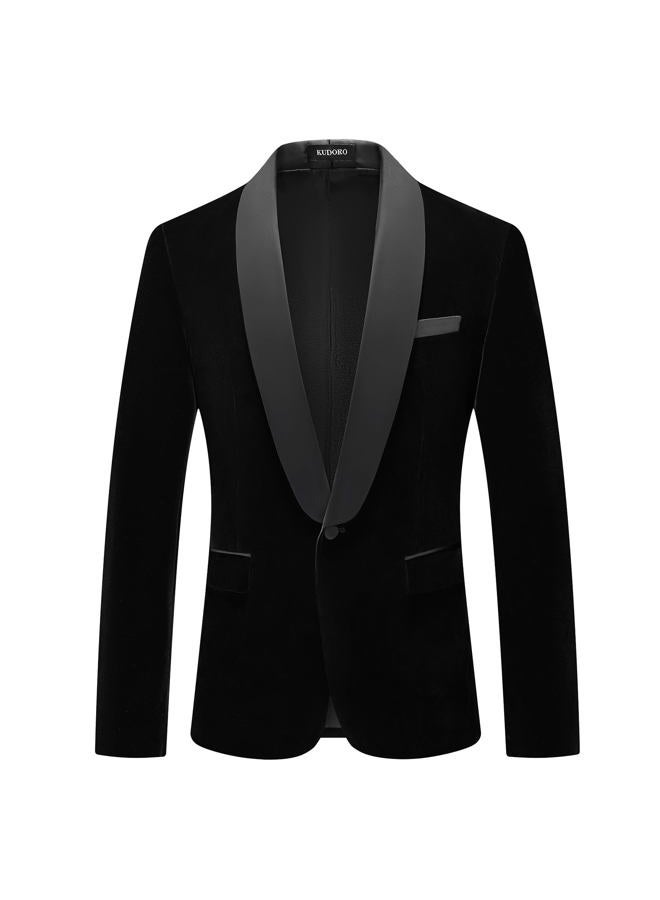 KUDORO Mens Velvet Blazer Slim Fit Tuxedo Suits Jacket Shawl Collar Solid Jacket Wedding Dinner Prom One Button Blazer Jacket, Black, L - Image 1