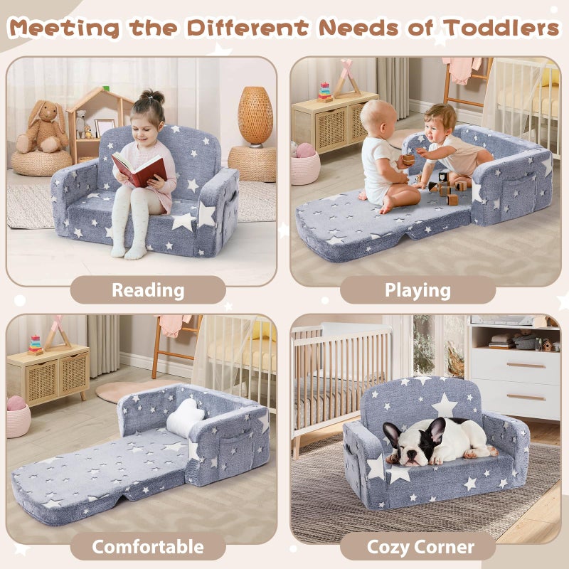 Foryoomi Extra Wide Kids Couch, 2-in-1 Soft Couch with Blanket, Glow in The Dark, Comfy Chair with Cloud Pillow, Convertible Sofa, Star - Image 4