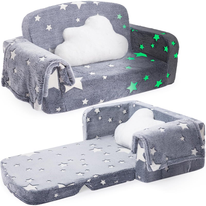 Foryoomi Extra Wide Kids Couch, 2-in-1 Soft Couch with Blanket, Glow in The Dark, Comfy Chair with Cloud Pillow, Convertible Sofa, Star - Image 1