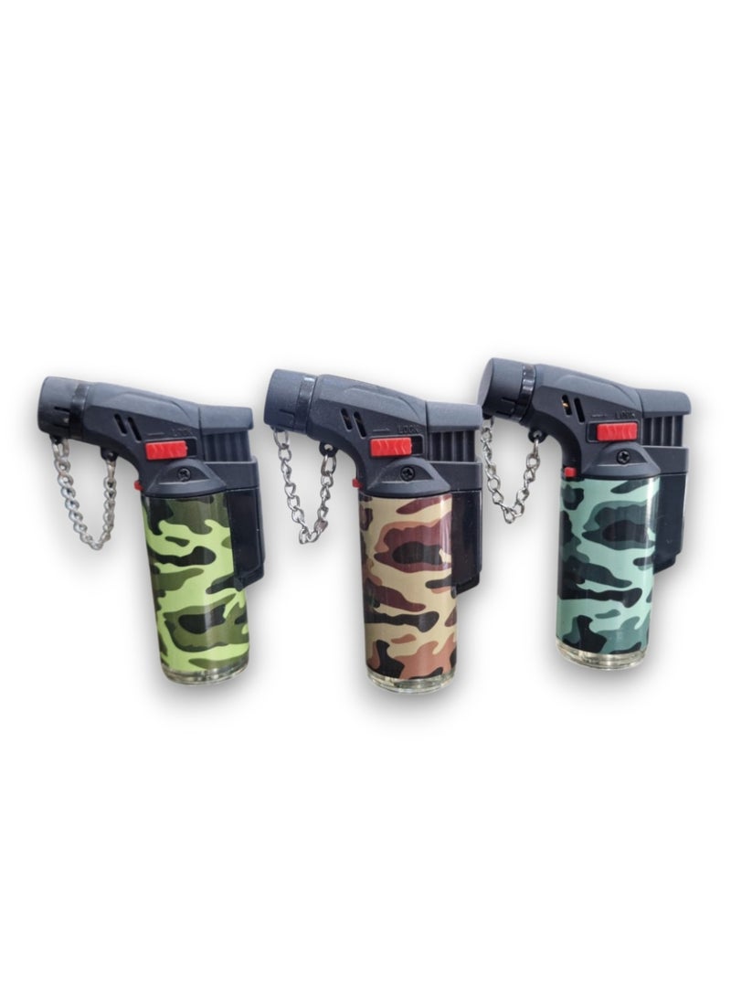 PowerMax 3 Piece Camouflage Jet Flame Lighter Portable Mini Torch Lighters Refillable With Chain For Keychains - Image 1