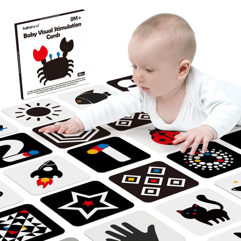 hahaland High Contrast Baby Flashcards - Black and White Infant Cards 0-6 Months Tummy Time 0-3-6 Months Montessori Sensory Cards 20 PCs 6''Ã—6'' Newborn Brain Visual Stimulation Babies Boy Gifts - Image 1