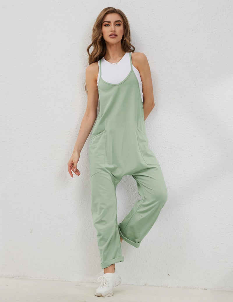 Lentta Women's Causal Jumpsuits V Neck Sleeveless Harem Overalls Stretchy Adjustable Strap Romper with Pockets(PeaGreen-L) - Image 2