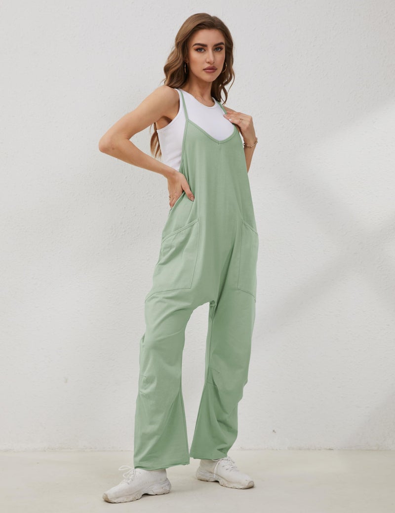 Lentta Women's Causal Jumpsuits V Neck Sleeveless Harem Overalls Stretchy Adjustable Strap Romper with Pockets(PeaGreen-L) - Image 5