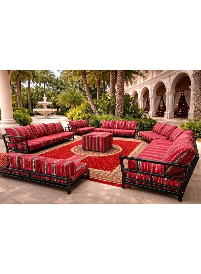 Xboat Arabic Majlis Outdoor Sofa Set, Red Striped Fabric, Black Metal Frame, Traditional Style, with Coffee Table and carpet not included - Image 3
