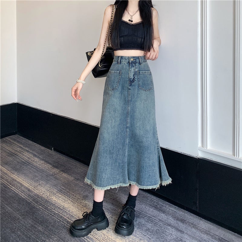 Vintage Denim Skirt Women's Spring and Autumn High Waist Slimming Raw Edge Mid-length Fishtail Skirt Trendy All-match Hot Girl Trendy - Image 5