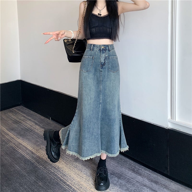 Vintage Denim Skirt Women's Spring and Autumn High Waist Slimming Raw Edge Mid-length Fishtail Skirt Trendy All-match Hot Girl Trendy - Image 4