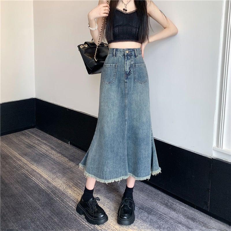 Vintage Denim Skirt Women's Spring and Autumn High Waist Slimming Raw Edge Mid-length Fishtail Skirt Trendy All-match Hot Girl Trendy - Image 3