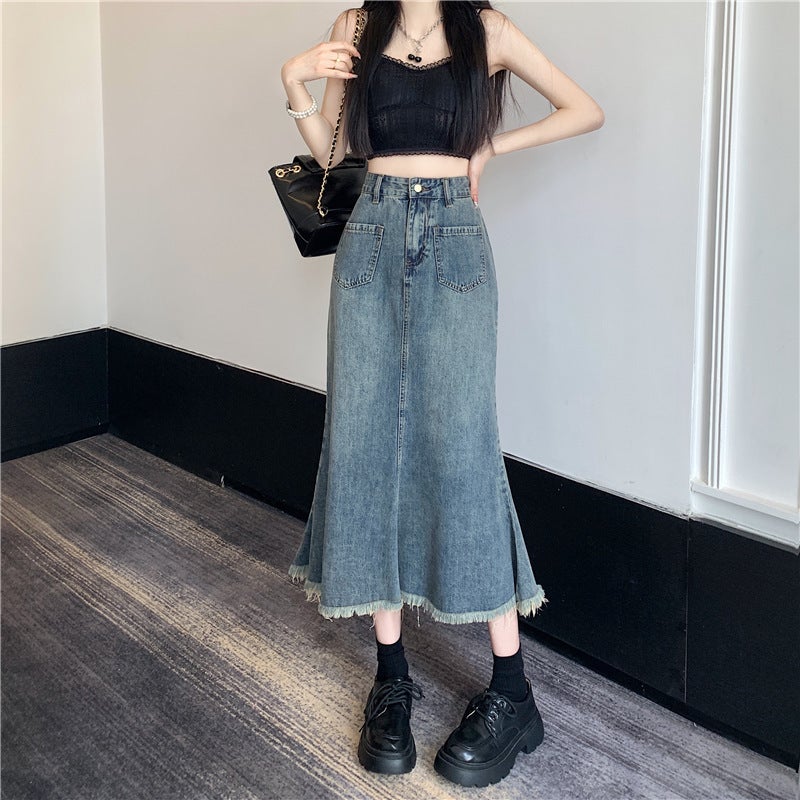 Vintage Denim Skirt Women's Spring and Autumn High Waist Slimming Raw Edge Mid-length Fishtail Skirt Trendy All-match Hot Girl Trendy - Image 2