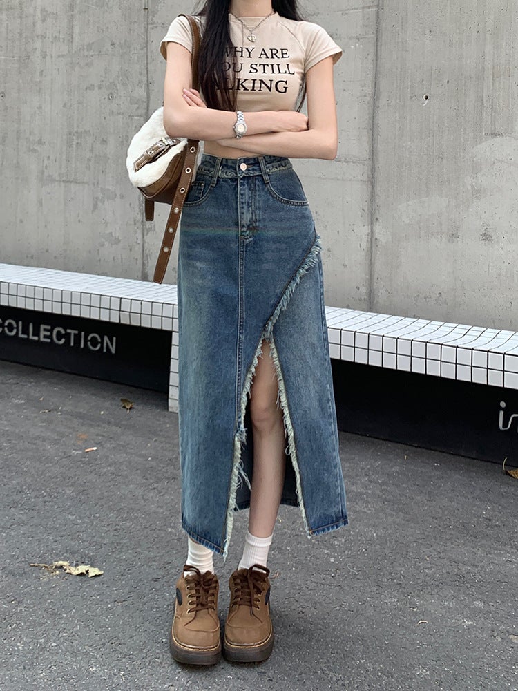 Vintage Denim Skirt Women's Spring and Autumn High Waist Slimming Raw Edge Mid-length Fishtail Skirt Trendy All-match Hot Girl Trendy - Image 1