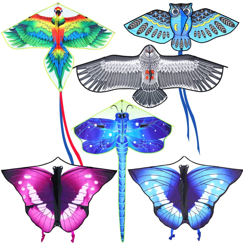 Leitee 6 Pack Large Kite for Kids and Adults Butterfly Kite for Kids Age 4812 Dragonfly Owl Parrot Eagle Goldfish Teens Toy Easy to Fly for Game Beach Outdoor Activities GiftsCool Style