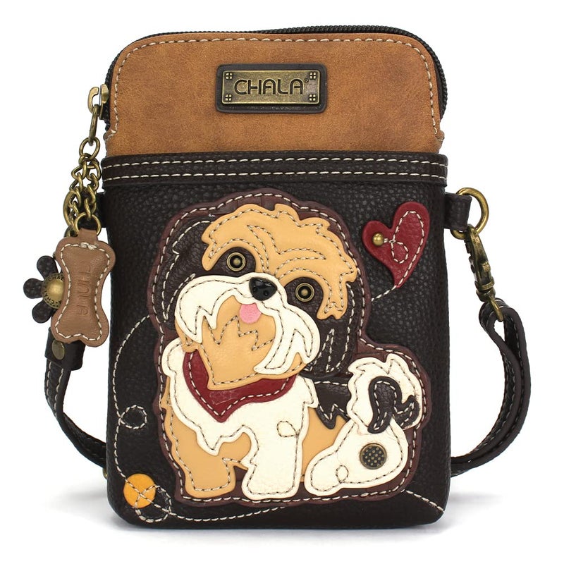 CHALA Dog Collection Cell Phone Crossbody Purse-Women PU Leather/Canvas Multicolor Handbag with Adjustable Strap - Brown Shih Tzu - dark brown - Image 5