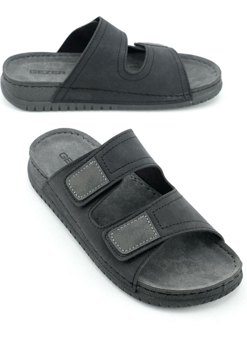 Gezer - Summer Men's Artificial Leather Comfortable Insole with Two Velcro Belts Adjustable Daily Slippers - Image 1