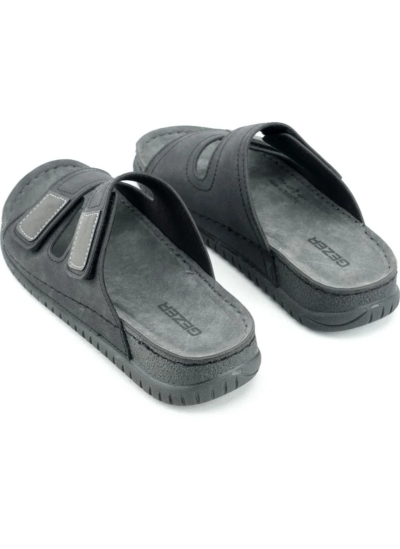 Gezer Summer Men's Artificial Leather Comfortable Insole with Two Velcro Belts Adjustable Daily Slippers