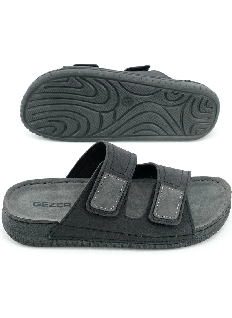 Gezer Summer Men's Artificial Leather Comfortable Insole with Two Velcro Belts Adjustable Daily Slippers