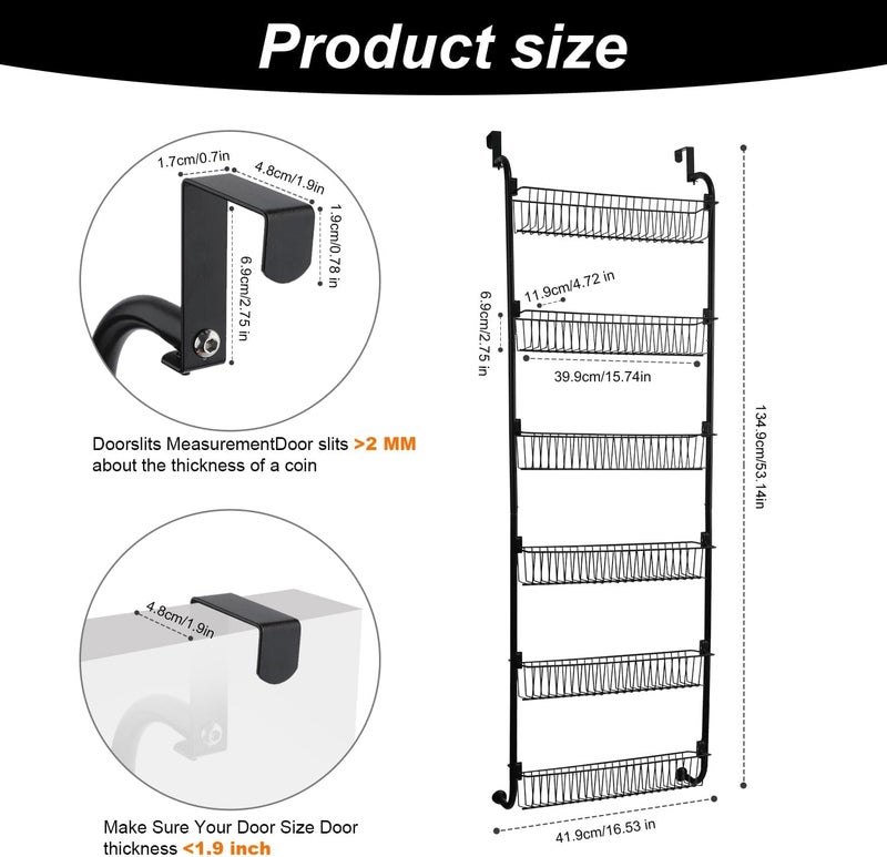 Snazzy 6-Tier Over The Door Pantry Organizer, Heavy-Duty Metal With 6 Baskets, Hanging Storage And Organization For Kitchen, Spice Rack (Black), Hanging Shelves - Image 3