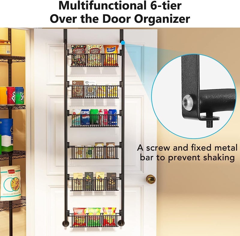 Snazzy 6-Tier Over The Door Pantry Organizer, Heavy-Duty Metal With 6 Baskets, Hanging Storage And Organization For Kitchen, Spice Rack (Black), Hanging Shelves - Image 4