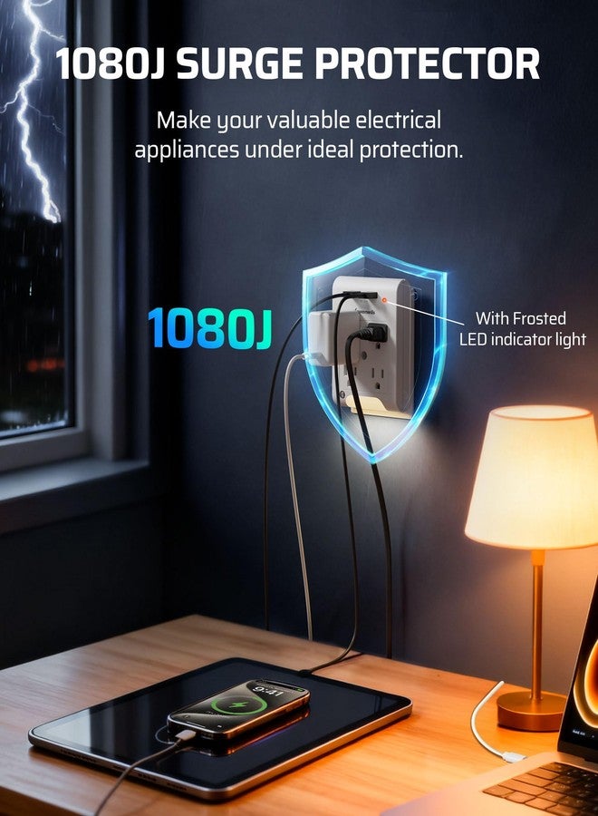 DEWENWILS 4-Outlet Extender, Wall Outlet Adapter with 2 USB Ports(3.1A Total), Light Sensor Night Light, 1080 Joules Surge Protector, ETL Listed, White - Image 4