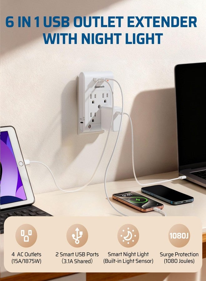 DEWENWILS 4-Outlet Extender, Wall Outlet Adapter with 2 USB Ports(3.1A Total), Light Sensor Night Light, 1080 Joules Surge Protector, ETL Listed, White - Image 2