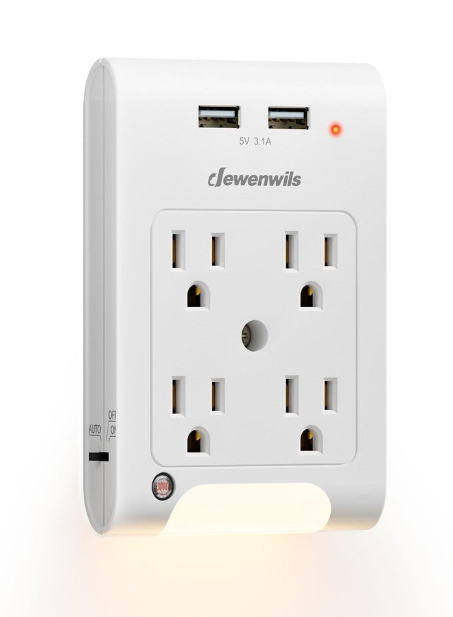DEWENWILS 4-Outlet Extender, Wall Outlet Adapter with 2 USB Ports(3.1A Total), Light Sensor Night Light, 1080 Joules Surge Protector, ETL Listed, White - Image 1