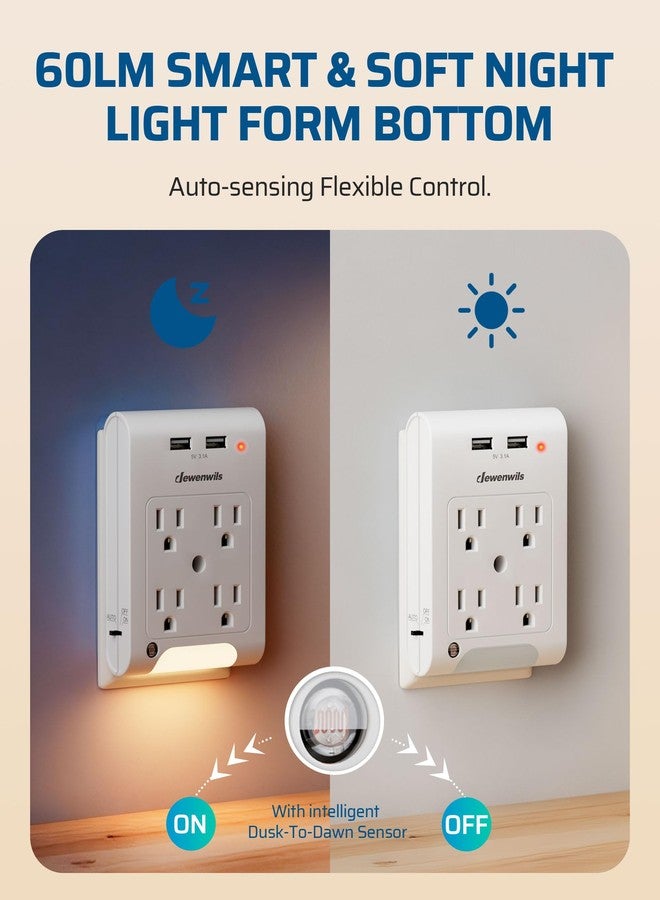 DEWENWILS 4-Outlet Extender, Wall Outlet Adapter with 2 USB Ports(3.1A Total), Light Sensor Night Light, 1080 Joules Surge Protector, ETL Listed, White - Image 3