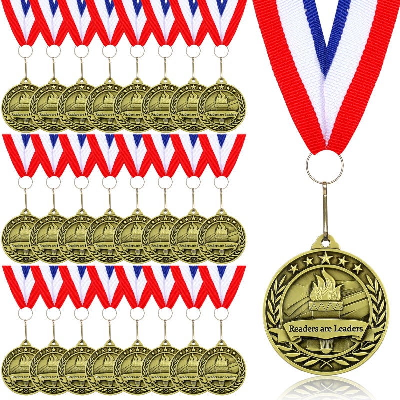 Loetere 24 pcs Reading Award Medals with Neck Ribbons Metal Trophy Award Prize Gift Readers are Leaders Medals - Image 2
