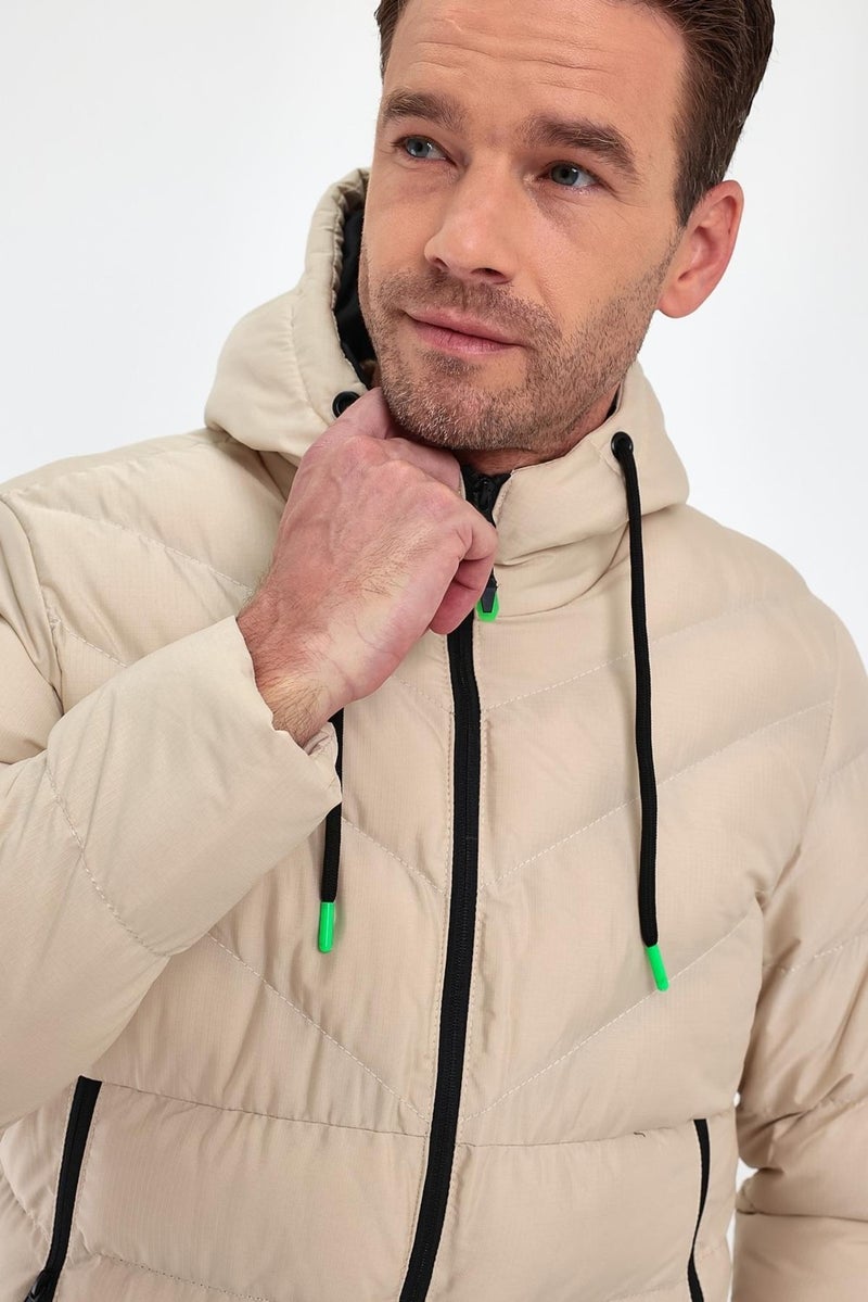 Sivaist Men's Cream Standard Fit Regular Cut Fur Lined Fixed Hood Stand Collar Coat  - Image 1
