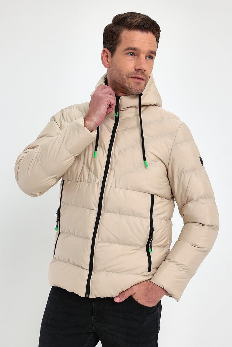 Sivaist Men's Cream Standard Fit Regular Cut Fur Lined Fixed Hood Stand Collar Coat  - Image 3