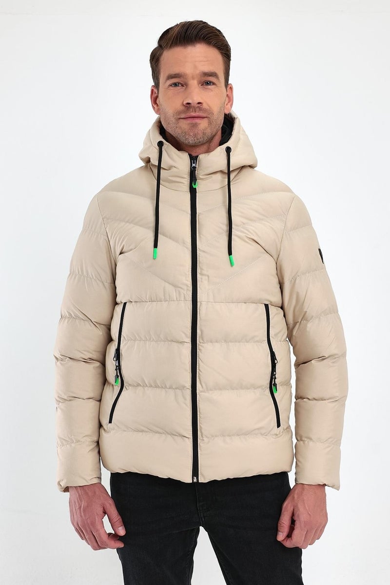 Sivaist Men's Cream Standard Fit Regular Cut Fur Lined Fixed Hood Stand Collar Coat  - Image 2