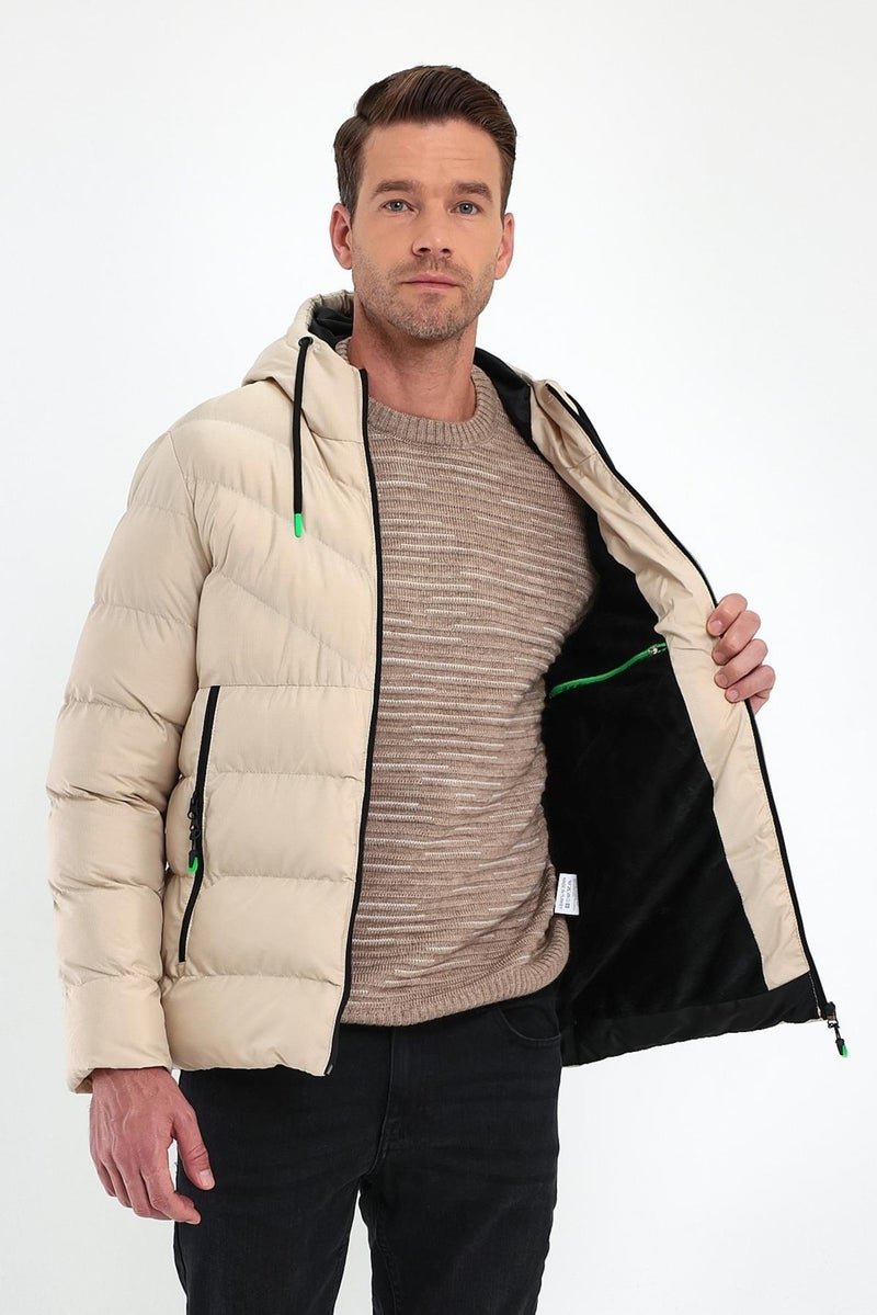 Sivaist Men's Cream Standard Fit Regular Cut Fur Lined Fixed Hood Stand Collar Coat  - Image 5