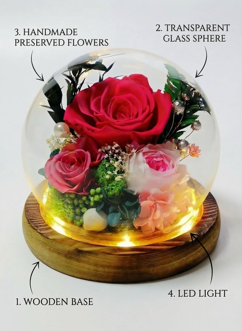 Preserved Flowers -Red Rose in Glass Dome with LED Light (Switch Base) - for Birthday/Graduation/Valentine's Day - Image 2