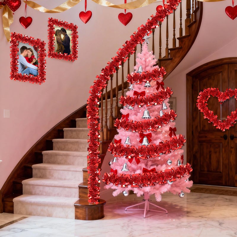 HALOGATE 50Ft Valentine'S Day Decorations  Red Valentines Heart Tinsel Garland Shiny Metallic Valentines Garland For Home Tree Mantel Fireplace Stairs Outdoor Indoor Wedding Galentine'S Day Decorations - Image 4