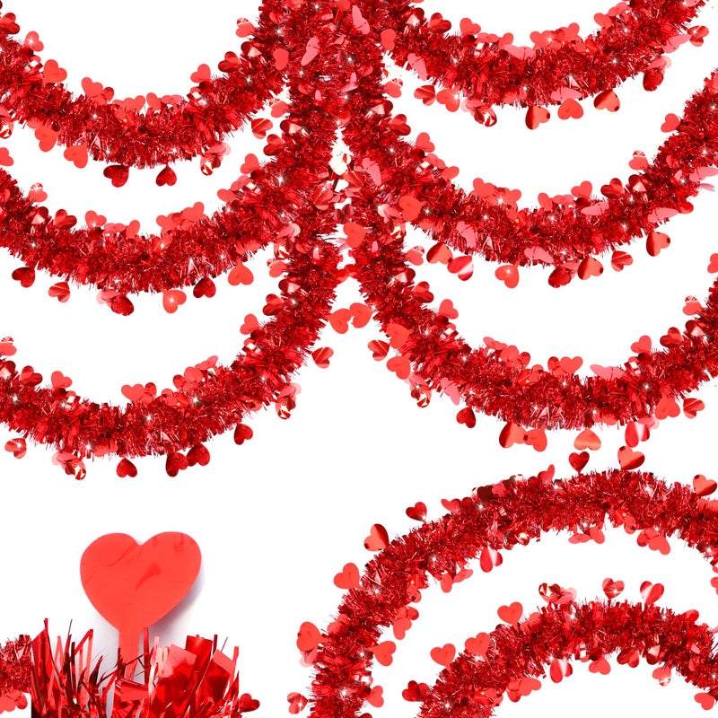 HALOGATE 50Ft Valentine'S Day Decorations  Red Valentines Heart Tinsel Garland Shiny Metallic Valentines Garland For Home Tree Mantel Fireplace Stairs Outdoor Indoor Wedding Galentine'S Day Decorations - Image 1