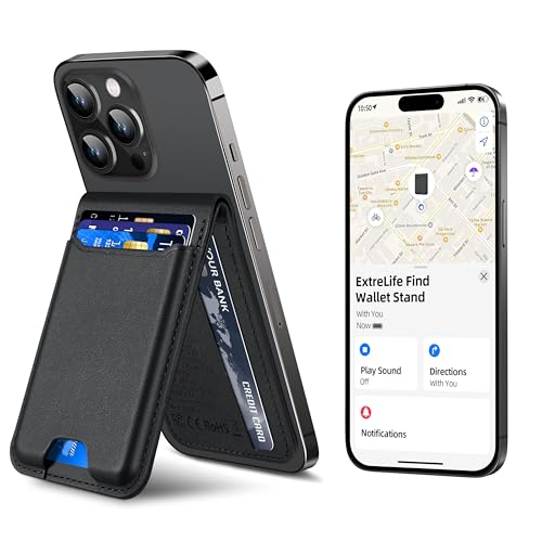 ExtreLife for Magsafe Wallet, Works with Apple Find My, Strongest Magnetic Wallet for iPhone 17/16/15/14/13/12 Series, for iPhone Walle t with Adjustable Stand, 6 Cards Holder, Vegan Leather, Black - Image 1