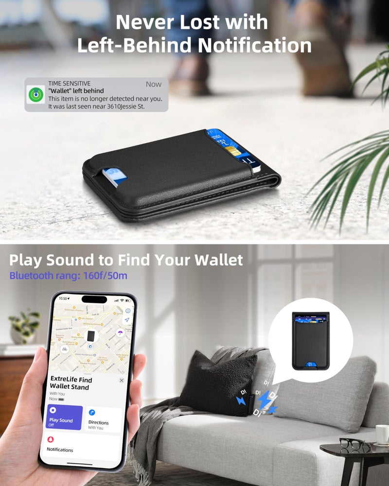 ExtreLife for Magsafe Wallet, Works with Apple Find My, Strongest Magnetic Wallet for iPhone 17/16/15/14/13/12 Series, for iPhone Walle t with Adjustable Stand, 6 Cards Holder, Vegan Leather, Black - Image 3